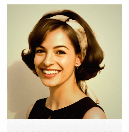 Vintage-inspired portrait of a woman with a PackfilmLover filter, featuring a 1960s-style hairstyle and elegant black dress.